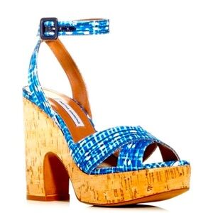NWT TABITHA SIMMONS Elena Plaid Cork Heel Platform Sandal Blue White 6 MSRP $695